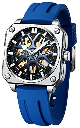 TEINTOP Uhren Herren Skelett Quadratisch Automatisch Mechanisch Auto Nabe Rad Maske Armbanduhr (Silber Blau) von TEINTOP