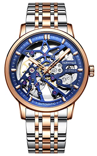 TEINTOP Uhren für Herren Automatik Skelett Uhr Männer Mechanische Armbanduhren (Roségold Blau) von TEINTOP