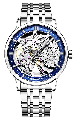 TEINTOP Uhren für Herren Automatik Skelett Uhr Männer Mechanische Armbanduhren (Silber Blau) von TEINTOP