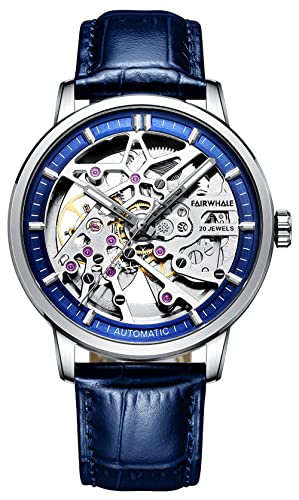 TEINTOP Uhren für Herren Automatik Skelett Uhr Männer Mechanische Leder Armbanduhr (Silber Blau) von TEINTOP