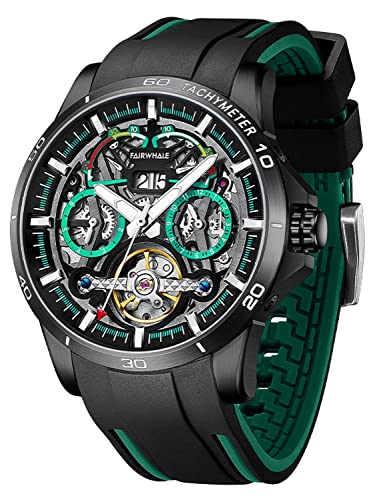 TEINTOP Uhren für Herren Automatik Skelett Uhr Silikon Multifunktions Armbanduhren (Schwarz Grün) von TEINTOP