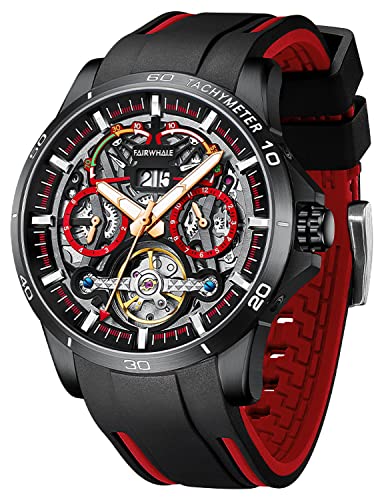 TEINTOP Uhren für Herren Automatik Skelett Uhr Silikon Multifunktions Armbanduhren (Schwarz Rot) von TEINTOP