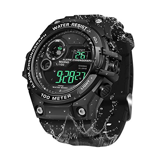 Armbanduhr Digitale Herren 100 Meter Wasserdicht fur Schwim Tauchen mit Edelstahlarmband Wecker, Stoppuhr, Zweite Zeitzone, Timer, Kalender, 12 oder 24 Stunden Format von TEKMAGIC
