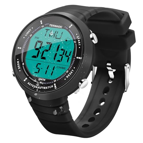 TEKMAGIC Herren Armbanduhr mit Silikonband 10 ATM 100 Meter Wasserdicht Geeignet zum Schwimmen und Tauchen mit Hintergrundbeleuchtung, Wecker, Stoppuhr, Kalender, Zwei Zeitzonen von TEKMAGIC
