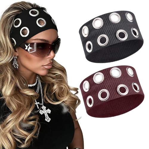 2 Stück Frauen Lochmuster Elastisches Kopfband Y2k Mädchen Punk Grunge Breite Haarbänder Dehnbares Casual Haaraccessoire von TELAIN