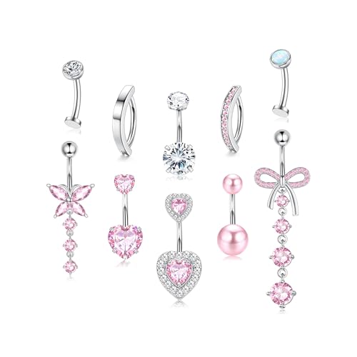 TELAIN 10er Set Bauchnabelringe für Damen, Goldene und Silberne Bauchnabelpiercings mit CZ Herz und Opal, 14G Chirurgischer Edelstahl, Klicker Floating Navel Piercing von TELAIN