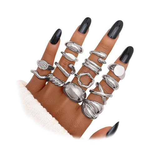 TELAIN 14 Stück Goldene Chunky Ringe Set für Damen 14k Goldplattierte Dicke Dome Ringe, Stapelbare Offene, Trendiger Minimalistischer Schmuck Geschenkidee von TELAIN