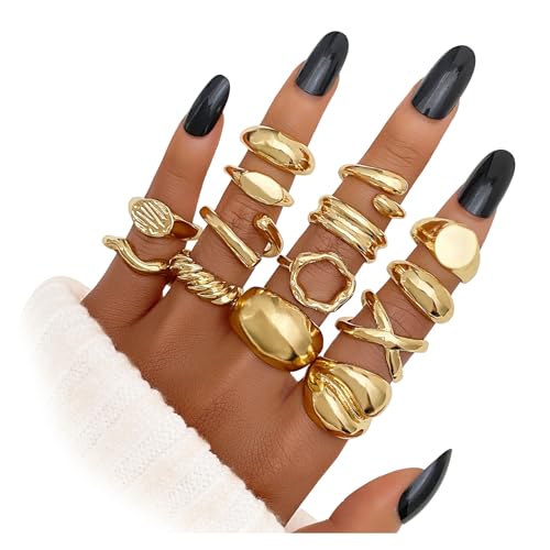 TELAIN 14 Stück Goldene Chunky Ringe Set für Damen 14k Goldplattierte Dicke Dome Ringe, Stapelbare Offene Ringe, Trendiger Minimalistischer Schmuck, Geschenkidee von TELAIN