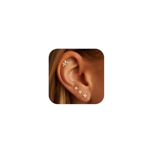 TELAIN 14K Gold-Plattierte Stecknadelohrringe für Frauen, Trendige Hypoallergenische Post Cartilage Tragus Ohrring Set für Mehrfach-Piercing, Zierliche kleine Helix Ohrringe von TELAIN