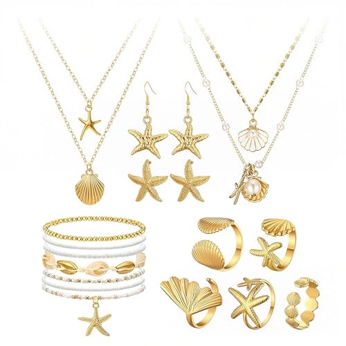 16-teiliges Muschel & Seestern Schmuckset – Muschel Ohrringe, Ringe, Boho-Layer-Halskette, Sommer Strandarmbänder und natürliches weißes Fußkettenset für Urlaub & Ferien – Geschenk für Frauen von TELAIN