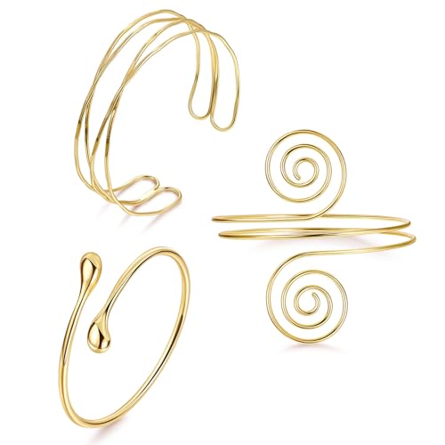 3 Stück Gold Armreif Oberarmreif für Damen, Einstellbare Armreifen aus Hochwertigem Metall, Boho Stil Goldene Armreifen, Perfekt für Partys und Alltag（Stil 2） von TELAIN