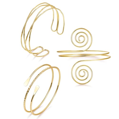 TELAIN 3 Stück Gold Armreif Oberarmreif für Damen, Einstellbare Armreifen aus Hochwertigem Metall, Boho Stil Goldene Armreifen, Perfekt für Partys und Alltag（Stil 4） von TELAIN