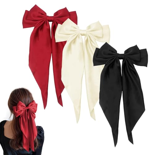 TELAIN 3 Stück Haarschleifen Damen, Set Aus Drei Großen Mehrfarbigen Haarspangen, Seide Und Satin, Wiederverwendbare Schleifen-Haarspangen In Schwarz, Weiß Und Rot von TELAIN