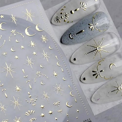 TELAIN 3D Nagelaufkleber Mit Mond Und Stern Design, Selbstklebende Nagel Sticker Mit Goldener Prägung, Perfekt Für Professionelles Nageldesign Zu Hause von TELAIN