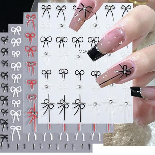 TELAIN 4 Stk. Französische Bow-Nageldesign-Sticker, 3D Schwarz-Weiß-Rot, Elegante Bow-Line Rhinestone, Selbstklebend, mit Bow-Tie-Nageldesign-Sticker, Nageldesign-Zubehör von TELAIN