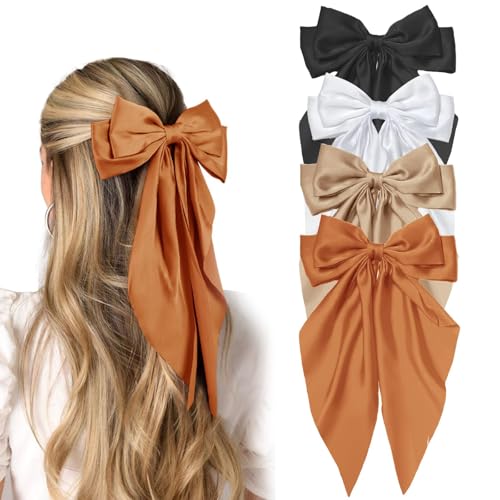 TELAIN 4 Stück Haarschleifen für Frauen, Große Satin-Haarspangen, Lange Seidige Schleifen für Haar, Übergröße, Schwarz-Weiß Haarspangen, Coquette Haaraccessoires für Frauen von TELAIN