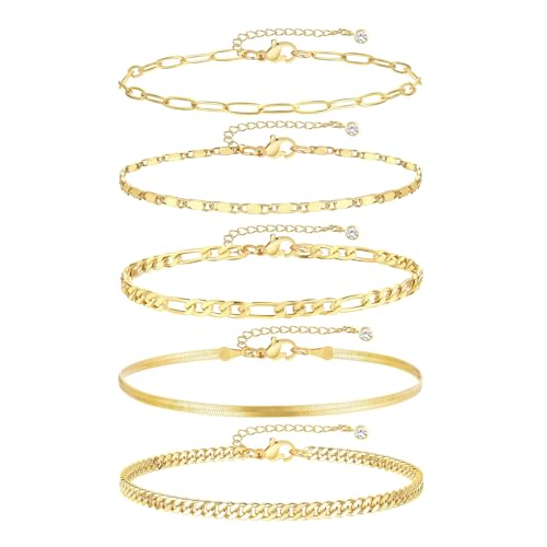 TELAIN 5 Stück Gold Fußarmbänder für Frauen, 14k Gold-Platinierung, wasserdicht, Kuban-Kettchen, Ankle-Set, Schichtige Fußarmbänder für Strandgeschenke, verstellbare Größe von TELAIN