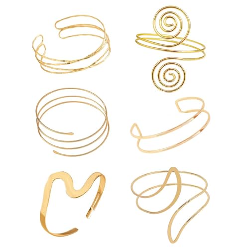 6 Stück Gold Armreif Oberarmreif für Damen, Einstellbare Armreifen aus Hochwertigem Metall, Boho Stil Goldene Armreifen, Perfekt für Partys und Alltag（Stil 1） von TELAIN