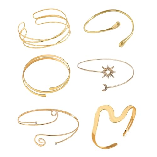 6 Stück Gold Armreif Oberarmreif für Damen, Einstellbare Armreifen aus Hochwertigem Metall, Boho Stil Goldene Armreifen, Perfekt für Partys und Alltag（Stil 2） von TELAIN
