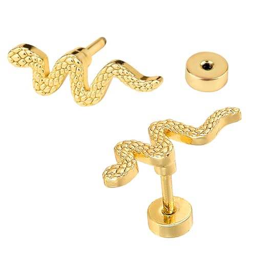 TELAIN Schlangen-Ohrstecker, Goldene Flach-Back-Ohrstecker für Frauen, Push-In-Design, 316L Edelstahl, Hypoallergen, Mini-Ohrstecker für Kartilagin-/Tragus-/Helix-Piercing von TELAIN