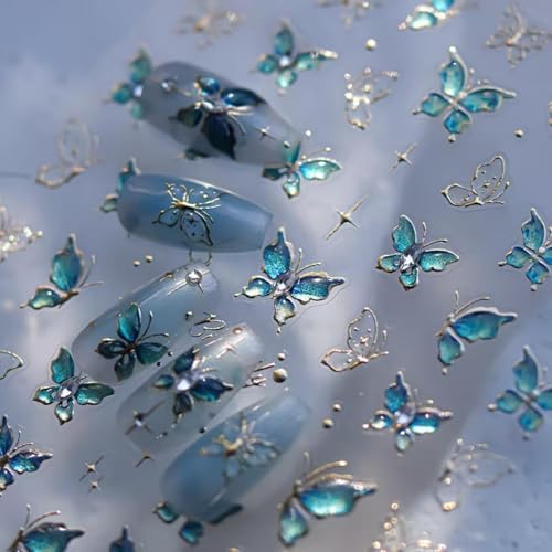 TELAIN Schmetterling Nageldesign-Sticker, Blau-Grün Ombre 5D Relief Strassstein Design, Selbstklebende Nageldekorationen für DIY Maniküre, 1 Blatt TELAIN Schmetterling Nageldesign-Sticker, Blau-Grün Ombre 5D Relief Strassstein Design, Selbstklebende Nageldekorationen für DIY Maniküre, 1 Blatt von TELAIN