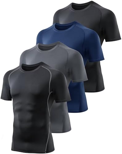 TELALEO 4 Pack Kompressionsshirt Herren Kurzarm Funktionsshirt Herren Atmungsaktiv Laufshirt Sport Tshirts für Fitness Laufen Gym 2XL von TELALEO