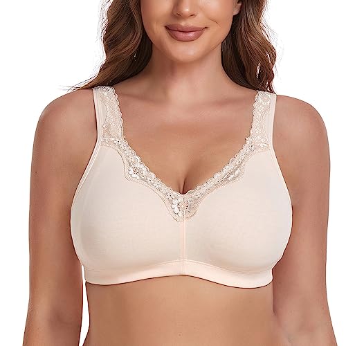 Damen Wireless Plus Size Spitze BH Vollständige Abdeckung Ungefüttert Minimizer BH Komfort Baumwolle, Beige, 115B von TELIMUSSTO