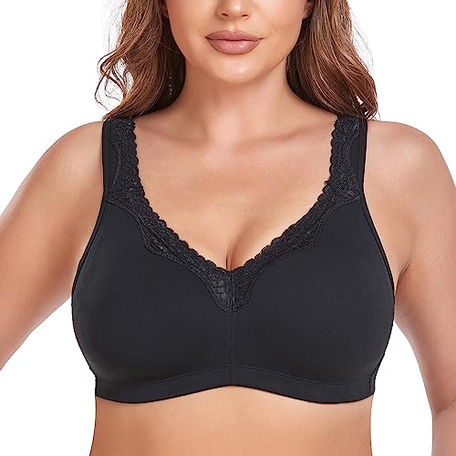 Damen Wireless Plus Size Spitze BH Vollständige Abdeckung Ungefüttert Minimizer BH Komfort Baumwolle, Schwarz, 115E von TELIMUSSTO
