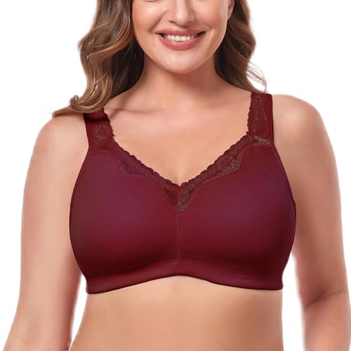 TELIMUSSTO Damen Plus Size Soft Cotton Lace BH Full Coverage Wirefree Nicht Gepolstert, Weinrot, 105G von TELIMUSSTO