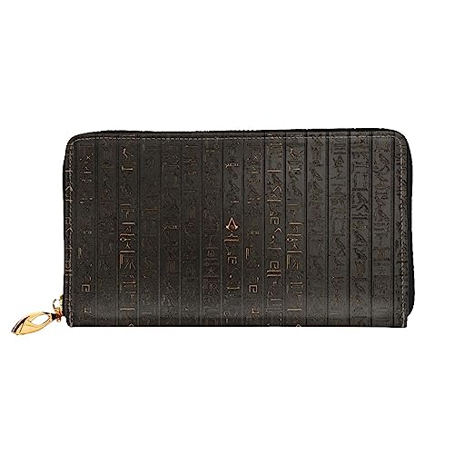 Alte ägyptische Hieroglyphe bedruckte Leder-Geldbörse mit Reißverschluss für Damen, Damen, mit umlaufendem Reißverschluss, Clutch, Handgelenk, Reisen, lange Geldbörse, Schwarz, Einheitsgröße, von TEMKIN