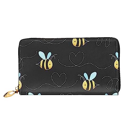 Bumble Bees bedruckte Leder-Geldbörse mit Reißverschluss für Damen, Damen, mit umlaufendem Reißverschluss, Clutch, Handgelenk, Reisen, lange Geldbörse, Schwarz, Einheitsgröße, minimalistisch, Schwarz von TEMKIN