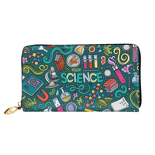 Cartoon Science Thema bedruckte Leder lange Geldbörse mit Reißverschluss für Frauen, Frauen Reißverschluss um Clutch Handgelenk Reise lange Geldbörse, schwarz, Einheitsgröße, minimalistisch, Schwarz , von TEMKIN