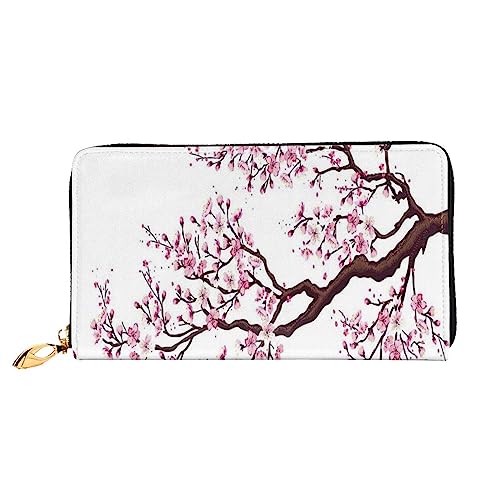 Cherry Blossoms Tree Printed Leather Long Wallet With Zipper For Women,Women Zip Around Clutch Wristlet Travel Long Purse, Black, One Size, Minimalist, Schwarz , Einheitsgröße, Minimalistisch von TEMKIN