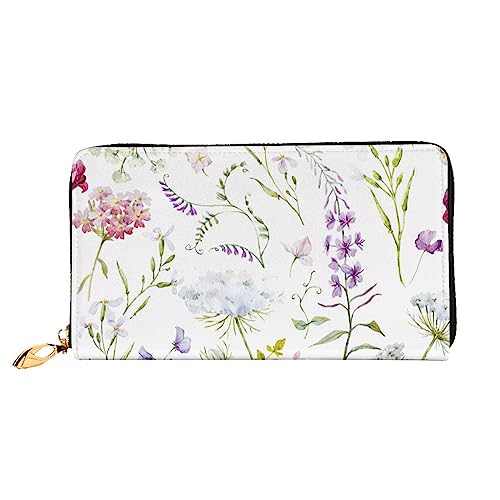 Farbiges Blumenmuster bedrucktes Leder lange Geldbörse mit Reißverschluss für Damen, Damen, mit Reißverschluss, Clutch, Handgelenk, Reisen, lange Geldbörse, Schwarz, Einheitsgröße, minimalistisch, von TEMKIN