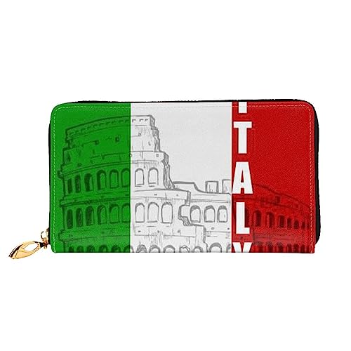 Geldbörse mit römischem Kolosseum, italienische Flagge, bedrucktes Leder, lange Geldbörse mit Reißverschluss für Damen, Damen, mit Reißverschluss, Clutch, Handgelenk, lange Geldbörse, Schwarz, von TEMKIN