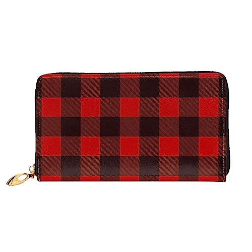 Kariertes rotes und schwarzes bedrucktes Leder lange Geldbörse mit Reißverschluss für Damen, Damen-Clutch-Handgelenk, lange Geldbörse, Schwarz, Einheitsgröße, minimalistisch, Schwarz , Einheitsgröße, von TEMKIN