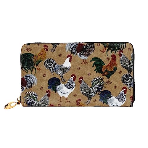 Lange Geldbörse aus Leder mit Hahn und Huhn-Druck, mit Reißverschluss für Damen, Damen, Reißverschluss, Clutch, Handgelenk, Reisen, lange Geldbörse, Schwarz, Einheitsgröße, minimalistisch, Schwarz , von TEMKIN