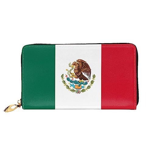 Lange Geldbörse mit Flagge von Mexiko, bedruckt, Leder, mit Reißverschluss für Damen, Damen, Clutch, Handgelenk, Reisen, lange Geldbörse, Schwarz, Einheitsgröße, minimalistisch, Schwarz , von TEMKIN