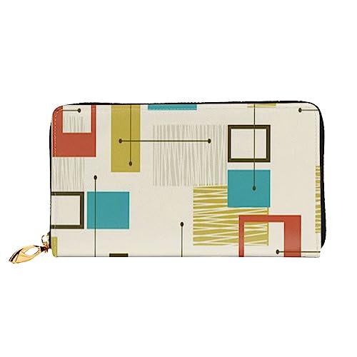 Mid Century Moderne bedruckte Leder-Geldbörse mit Reißverschluss für Damen, Damen, mit Reißverschluss, Clutch, Handgelenk, Reisen, lange Geldbörse, Schwarz, Einheitsgröße, minimalistisch, Schwarz , von TEMKIN