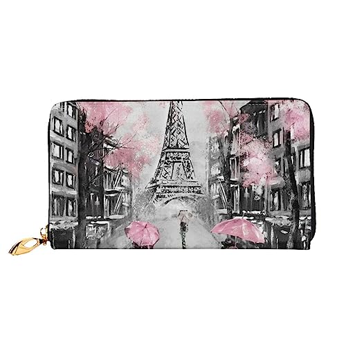 Paris Street Tower Pink Floral Printed Leather Long Wallet With Zipper For Women,Women Zip Around Clutch Wristlet Travel Long Purse, Black, One Size, Minimalist, Schwarz , Einheitsgröße, von TEMKIN