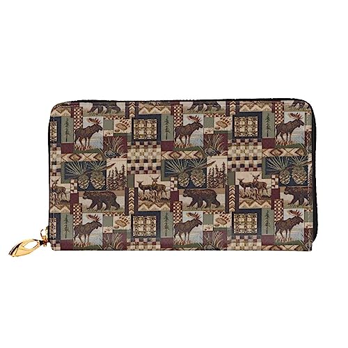 Rustikale Lodge Bear bedruckte Leder-Geldbörse mit Reißverschluss für Damen, Damen, Reißverschluss, Clutch, Handgelenk, Reisen, lange Geldbörse, Schwarz, Einheitsgröße, minimalistisch, Schwarz , von TEMKIN