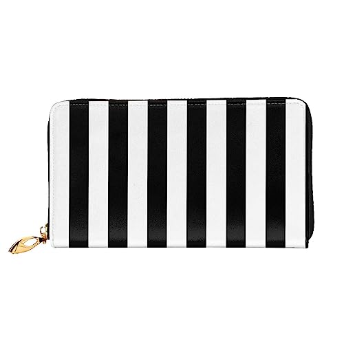 Schwarz & Weiß gestreiftes Leder lange Geldbörse mit Reißverschluss für Damen, Damen, Reißverschluss um Clutch, Handgelenk, Reise, lange Geldbörse, Schwarz, Einheitsgröße, minimalistisch, Schwarz , von TEMKIN