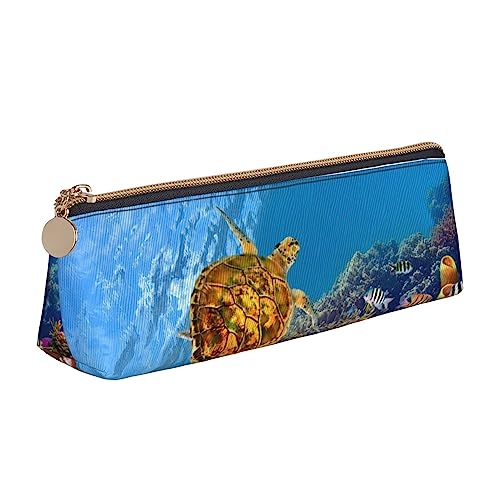 Sea Turtle Printed Womens Leather Pencil Pouch,Large Capacity Pencil Case Pen Bag With Zipper For Office, weiß, Einheitsgröße, Einfach von TEMKIN