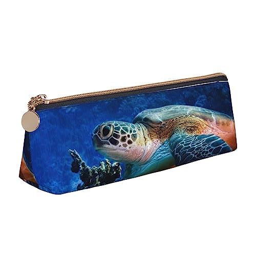 Sea Turtle With Fishes Printed Women'S Leather Pencil Pouch,Large Capacity Pencil Case Pen Bag With Zipper For Office, weiß, Einheitsgröße, Einfach von TEMKIN