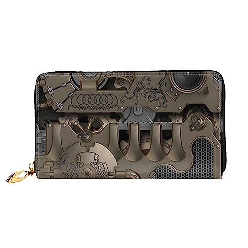 Steampunk Mechanical Gears bedruckte Leder-Geldbörse mit Reißverschluss für Damen, Damen, mit Reißverschluss, Clutch, Handgelenk, lange Geldbörse, Schwarz, Einheitsgröße, minimalistisch, Schwarz , von TEMKIN