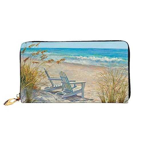 Strandszene mit Stühlen, bedrucktes Leder, lange Geldbörse mit Reißverschluss für Damen, Damen, Clutch, Handgelenk, Reisen, lange Geldbörse, Schwarz, Einheitsgröße, minimalistisch, Schwarz , von TEMKIN