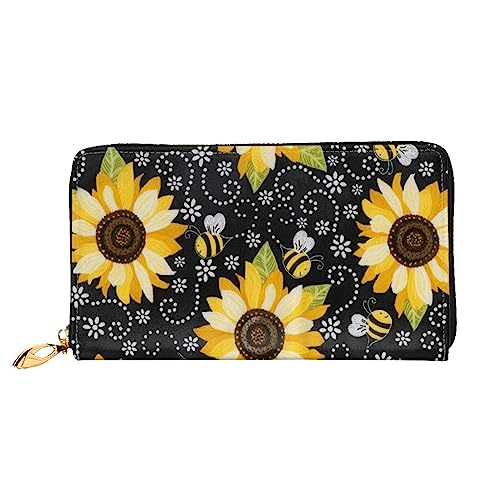 Sunflower Bees bedruckte Leder-Geldbörse mit Reißverschluss für Damen, Damen, mit Reißverschluss, Clutch, Handgelenk, Reisen, lange Geldbörse, Schwarz, Einheitsgröße, minimalistisch, Schwarz , von TEMKIN