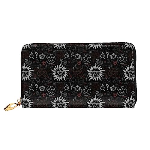 Supernatural Symbole Schwarz bedrucktes Leder lange Geldbörse mit Reißverschluss für Damen, Damen, mit Reißverschluss, Clutch, Handgelenk, Reisen, lange Geldbörse, Schwarz, Einheitsgröße, von TEMKIN