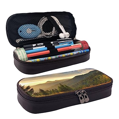 TEMKIN Federmäppchen aus Leder, Motiv: Berg, Sonnenuntergang, Landschaft, großes Fassungsvermögen, niedliches Federmäppchen, Kosmetik-Organizer-Tasche mit Reißverschluss, Schwarz , Einheitsgröße, von TEMKIN