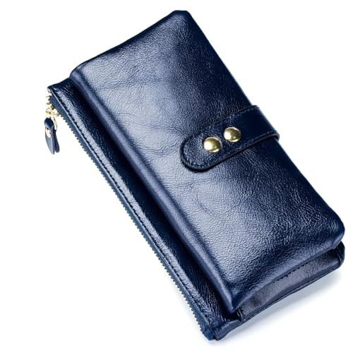 TEMKIN Geldbörse Frauen Retro Ölwachs Leder Langes Geldbeutel Multi Card Für Mobile Brieftasche-Blau von TEMKIN